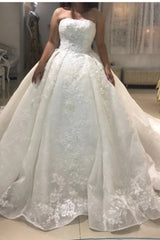 Gorgeous Ball Gown Lace Applique Strapless Wedding Dresses with Train MyChicDress