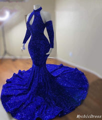 Gorgeous High Neck Long Sleeve Royal Blue Prom Dresses Sequins Party Dress MyChicDress