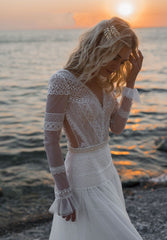 Gorgeous Lace Long Sleeves Boho Wedding Dresses Beach Maxi Dress MyChicDress