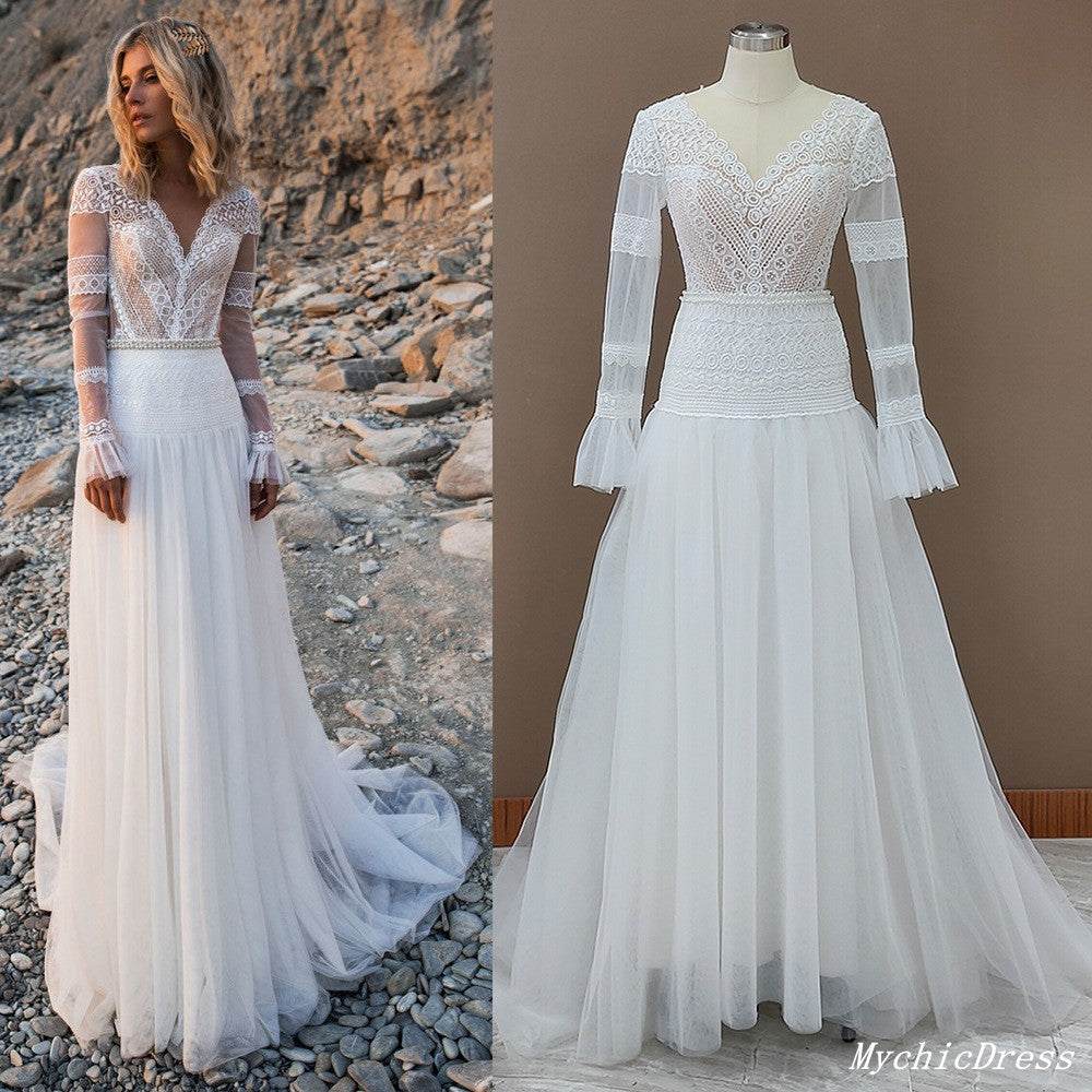 Gorgeous Lace Long Sleeves Boho Wedding Dresses Beach Maxi Dress MyChicDress