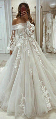 Gorgeous Long Puff Sleeve Beach Tulle Lace Wedding Dresses A Line MyChicDress