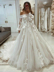 Gorgeous Long Puff Sleeve Beach Tulle Lace Wedding Dresses A Line MyChicDress