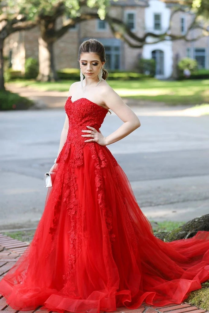 Gorgeous Long Red Lace Prom Dresses Sweetheart Strapless Evening Gown MyChicDress