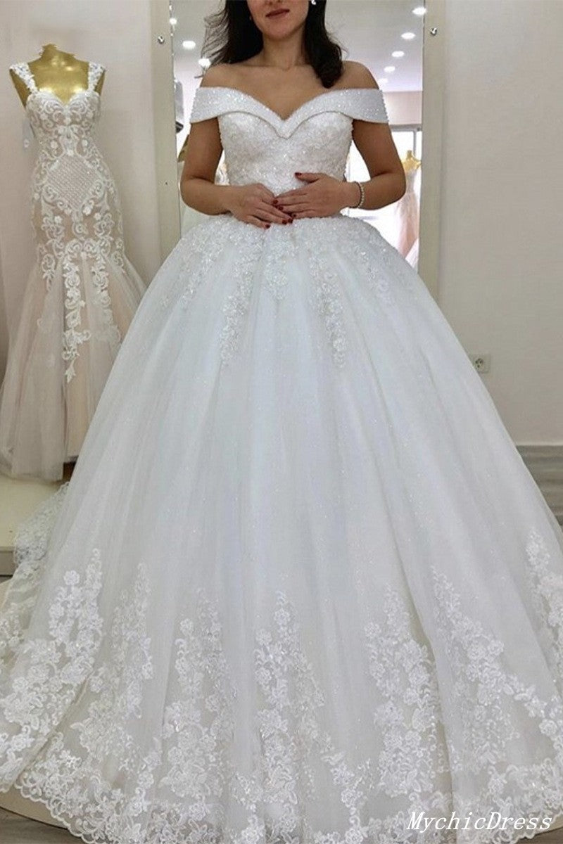 Gorgeous Off the Shoulder Lace Sequin Vintage Wedding Dresses MyChicDress