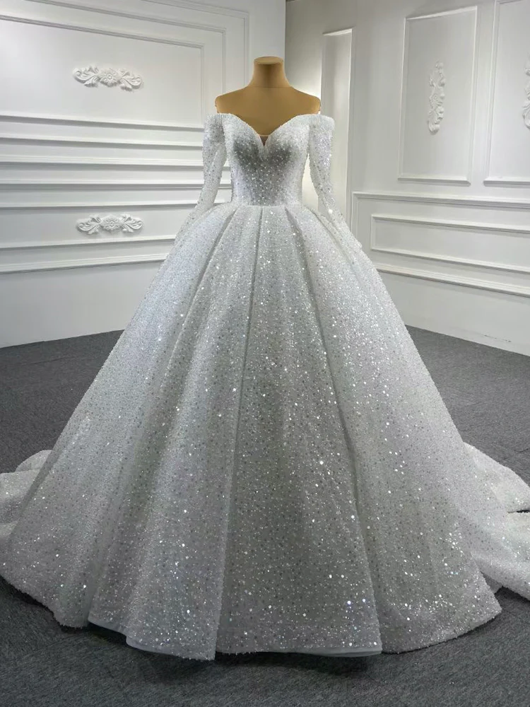 Gorgeous Off the Shoulder Sparkly Ball Gown Sequin Wedding Dresses with Sleeves MyChicDress