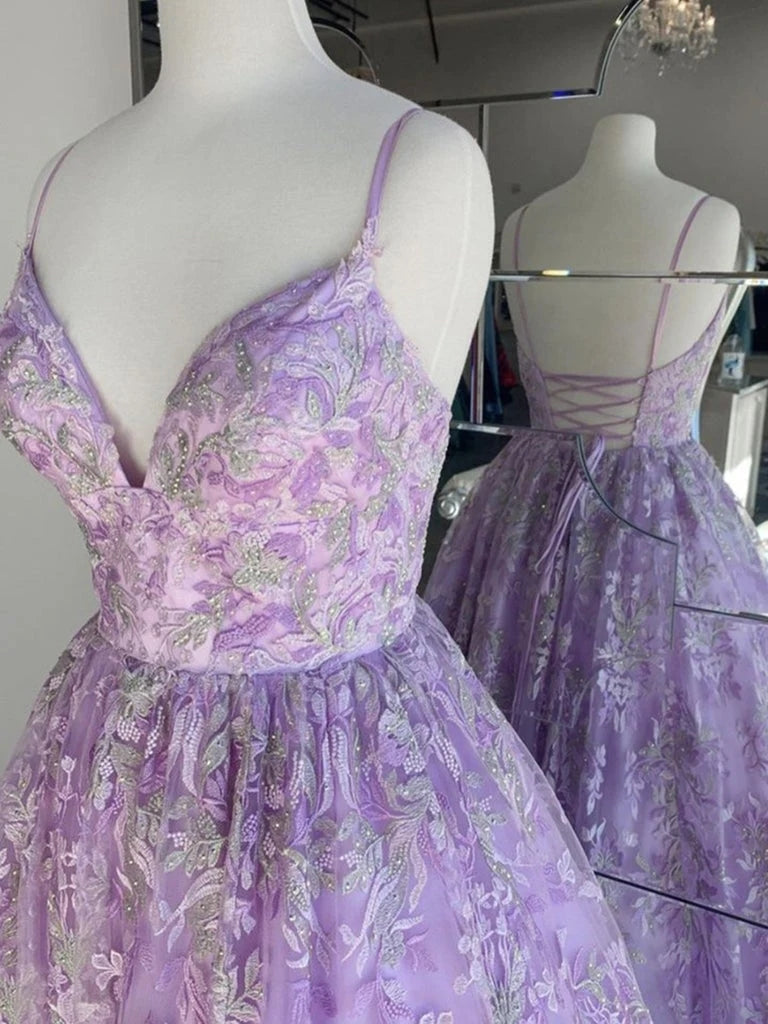 Gorgeous Purple Lace Lilac Prom Dresses V Neck Backless Long Evening Dresses MyChicDress