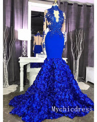 Gorgeous Royal Blue Prom Dress with Flowers Long Sleeveless Evening Dresss MyChicDress