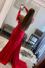 Gorgeous Sweetheart Red Long Prom Dresses 2024 Feathers with Detachable Sleeves