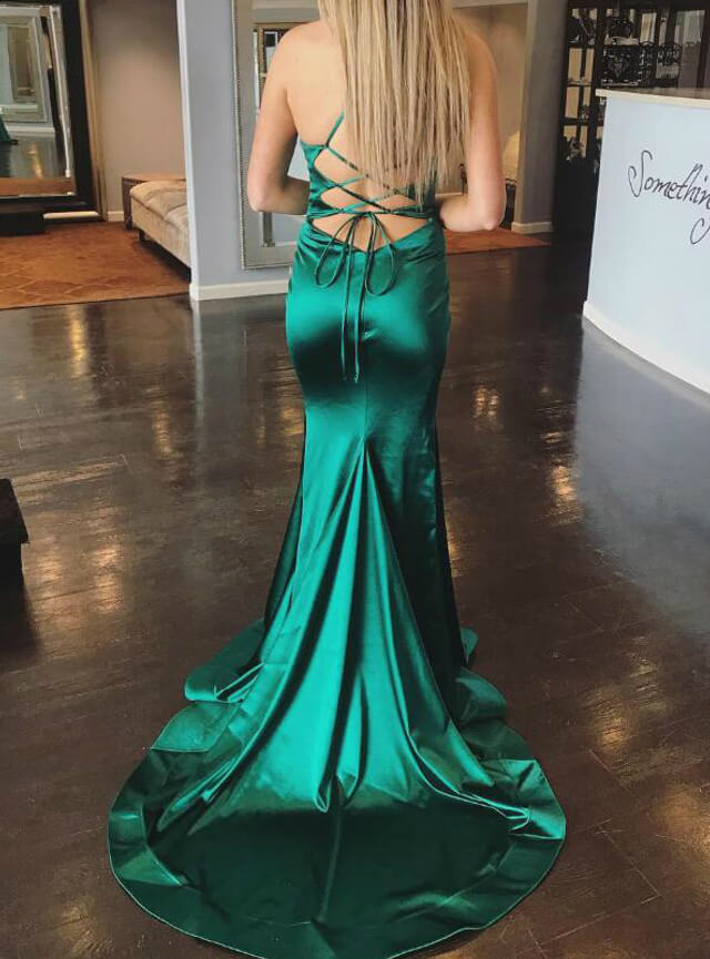 Green Satin Halter Prom Dresses Mermaid Formal Dress Crossed Straps Back MyChicDress