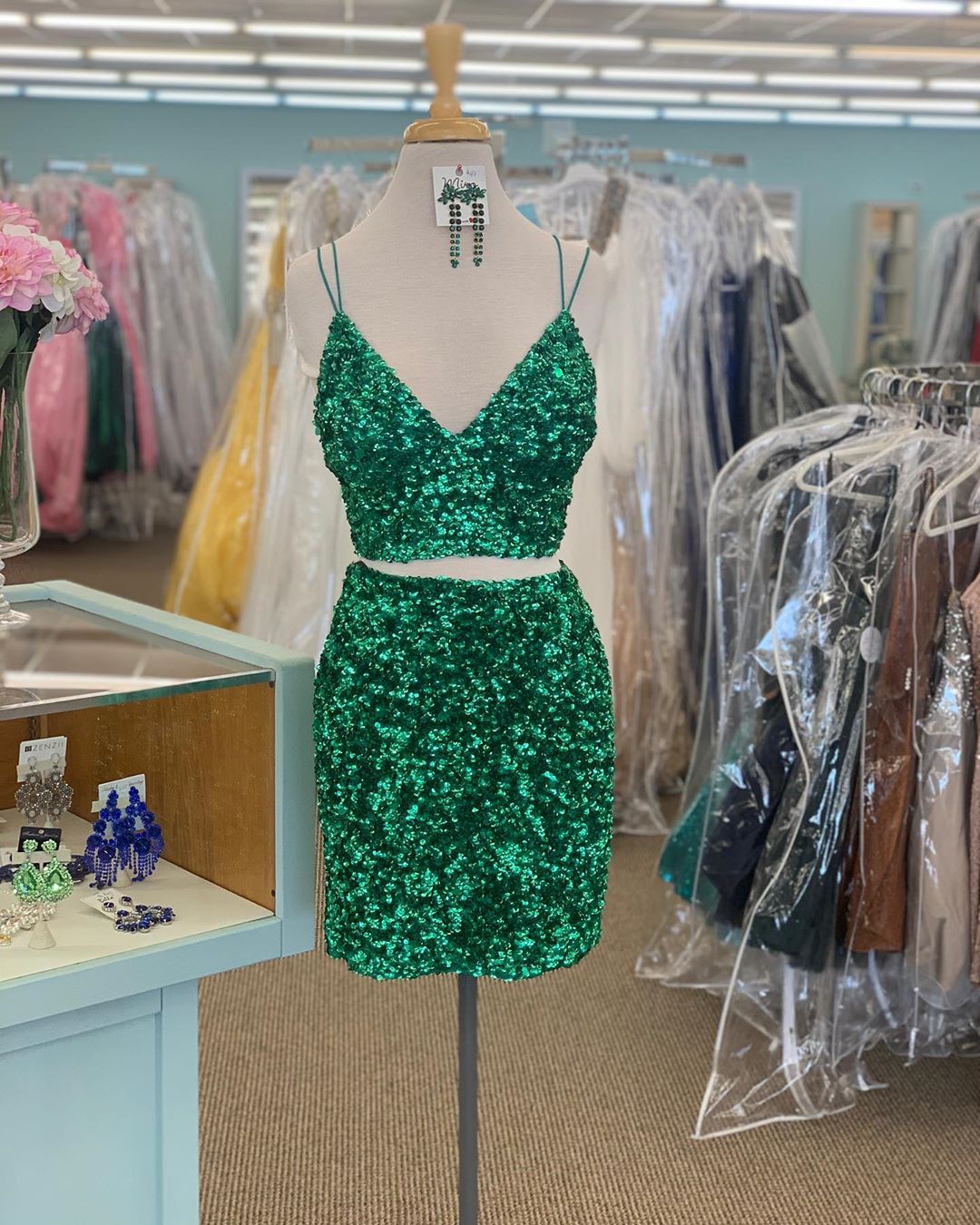 Green Two Piece Short Homecoming Dresses Sequin Prom Dresses MyChicDress