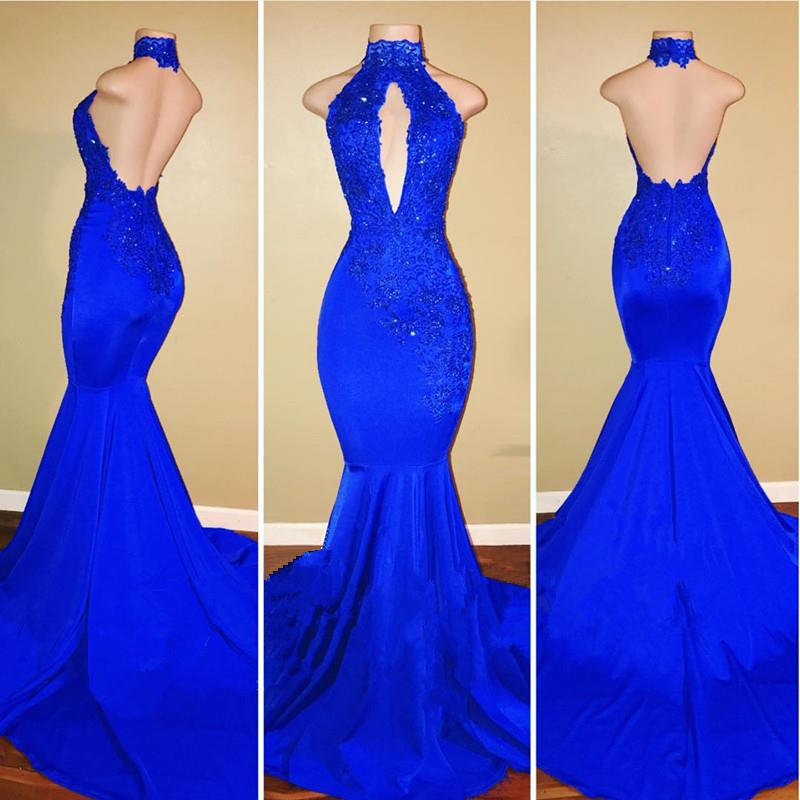 Halter Backless Mermaid Royal Blue Prom Dresses - MyChicDress