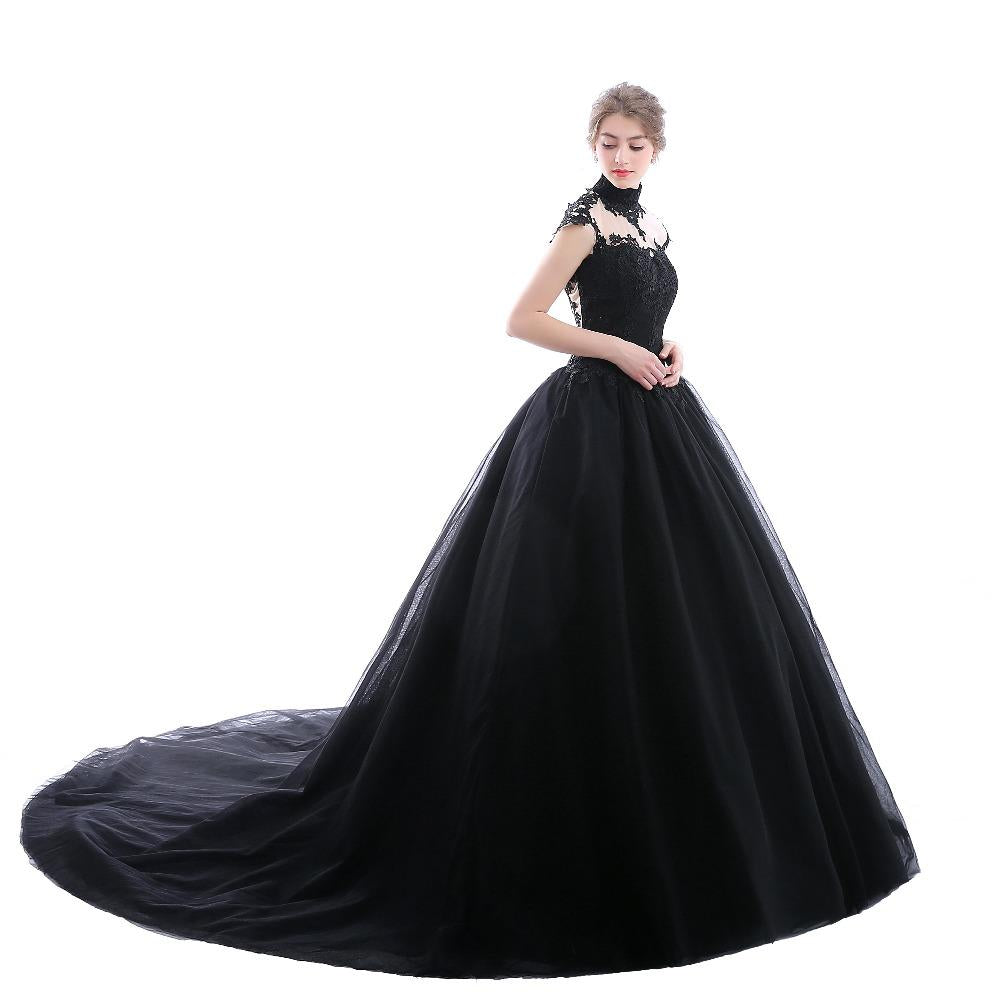 High Neck Lace Tulle Black Wedding Dresses Ball Gowns MyChicDress