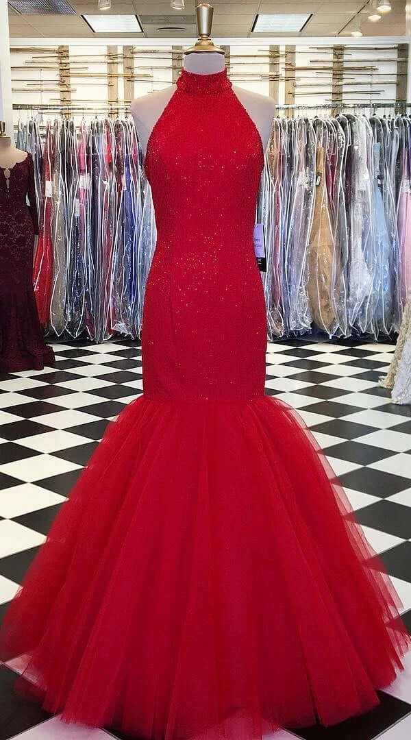 High Neck Long Mermaid 2024 Red Prom Dresses UK Glitter Tulle Formal Dress MyChicDress