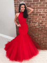 High Neck Long Mermaid 2024 Red Prom Dresses UK Glitter Tulle Formal Dress MyChicDress