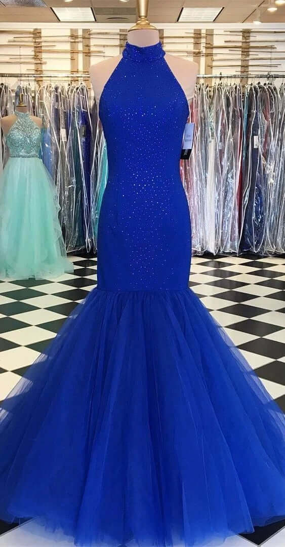 High Neck Long Mermaid 2024 Red Prom Dresses UK Glitter Tulle Formal Dress MyChicDress