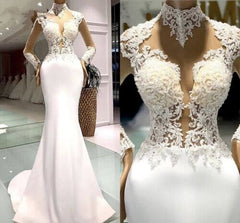 High Neck Mermaid Satin Long Sleeves Lace Wedding Dresses MyChicDress