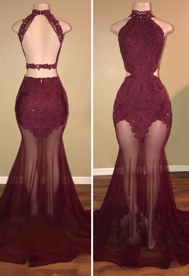 High-Neck Mermaid Tulle Lace Burgundy Prom Dresses - MyChicDress