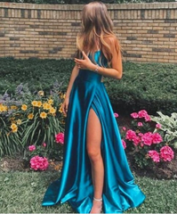 Hot 2024 A Line Green Long Prom Dresses Spaghetti Straps Cross Back with Split MyChicDress