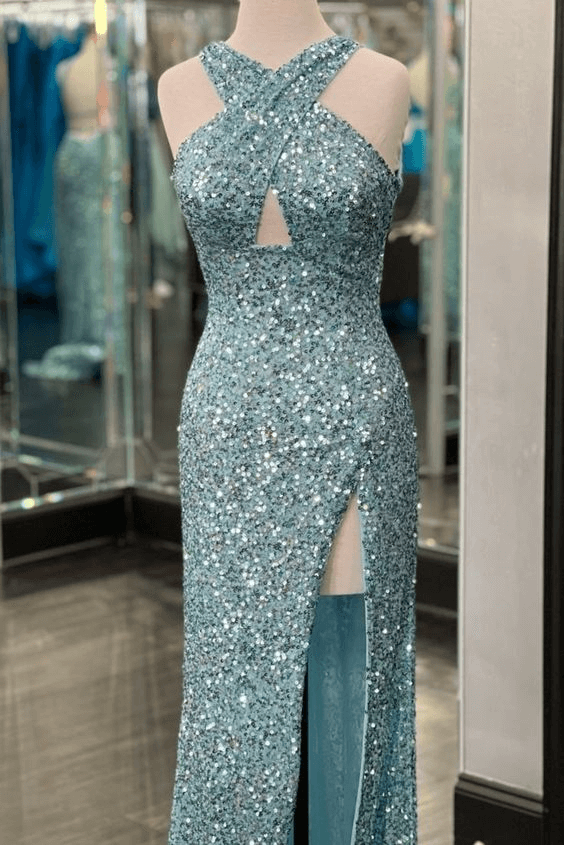 Hot Sequin Prom Dress Fitted Sleeveless Formal Dress with Slit MyChicDress