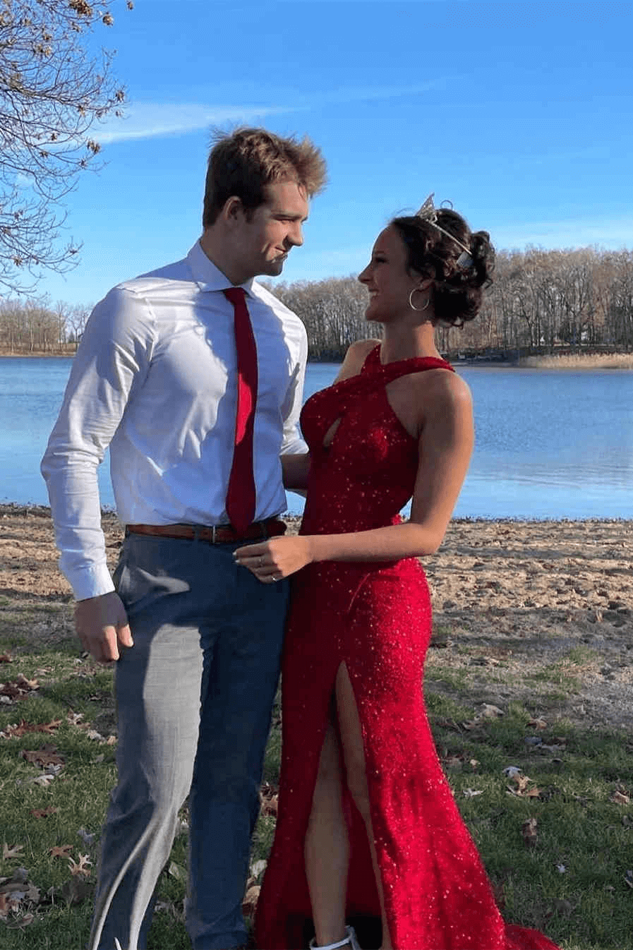 Ho red Sequin Prom Dress Fitted Sleeveless Formal Dress with Slit MyChicDress
