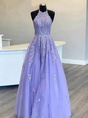 Hot 2024 Halter Purple Prom Dresses Lace Long Graduation Evening Dresses MyChicDress