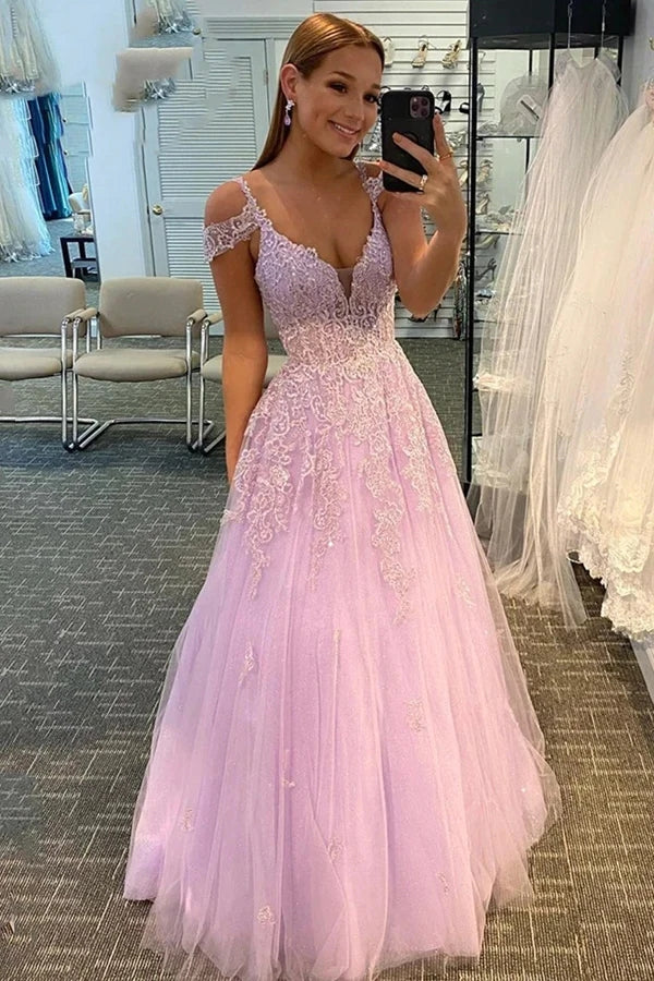 Hot 2024 Violet Purple Prom Dresses Tulle Lace Appliques A-Line Formal Dress MyChicDress