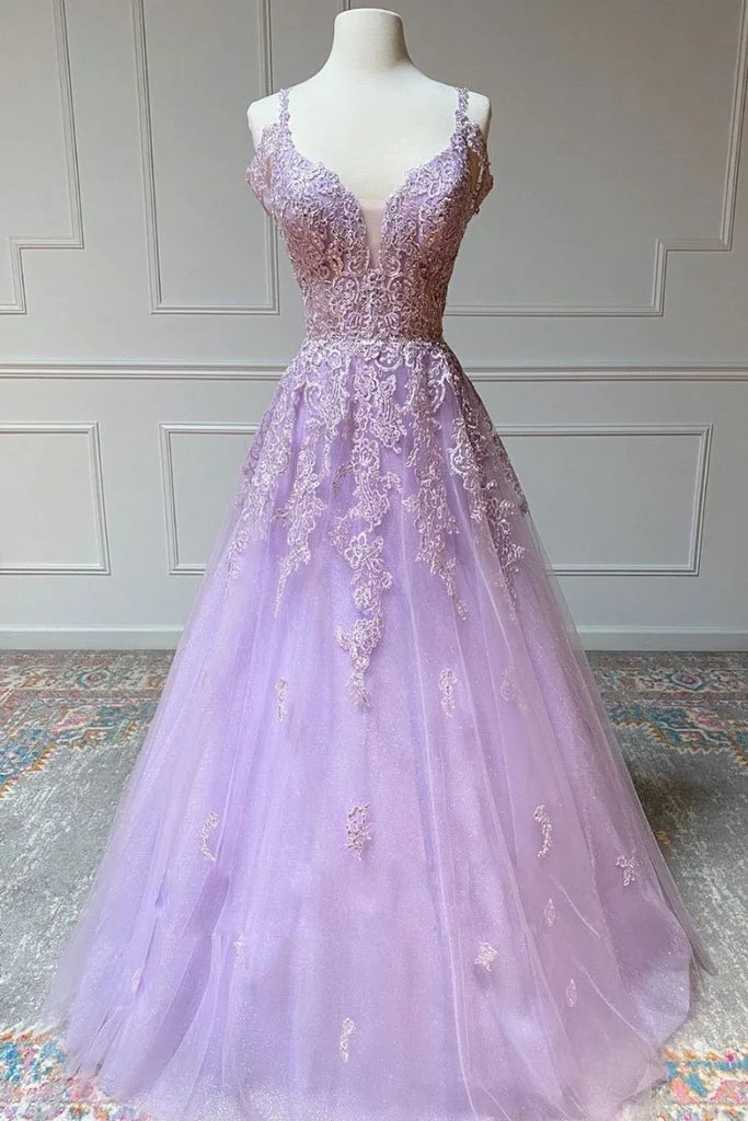 Hot 2024 Violet Purple Prom Dresses Tulle Lace Appliques A-Line Formal Dress MyChicDress