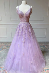 Hot 2024 Violet Purple Prom Dresses Tulle Lace Appliques A-Line Formal Dress MyChicDress