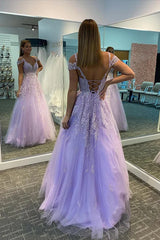 Hot 2024 Violet Purple Prom Dresses Tulle Lace Appliques A-Line Formal Dress MyChicDress