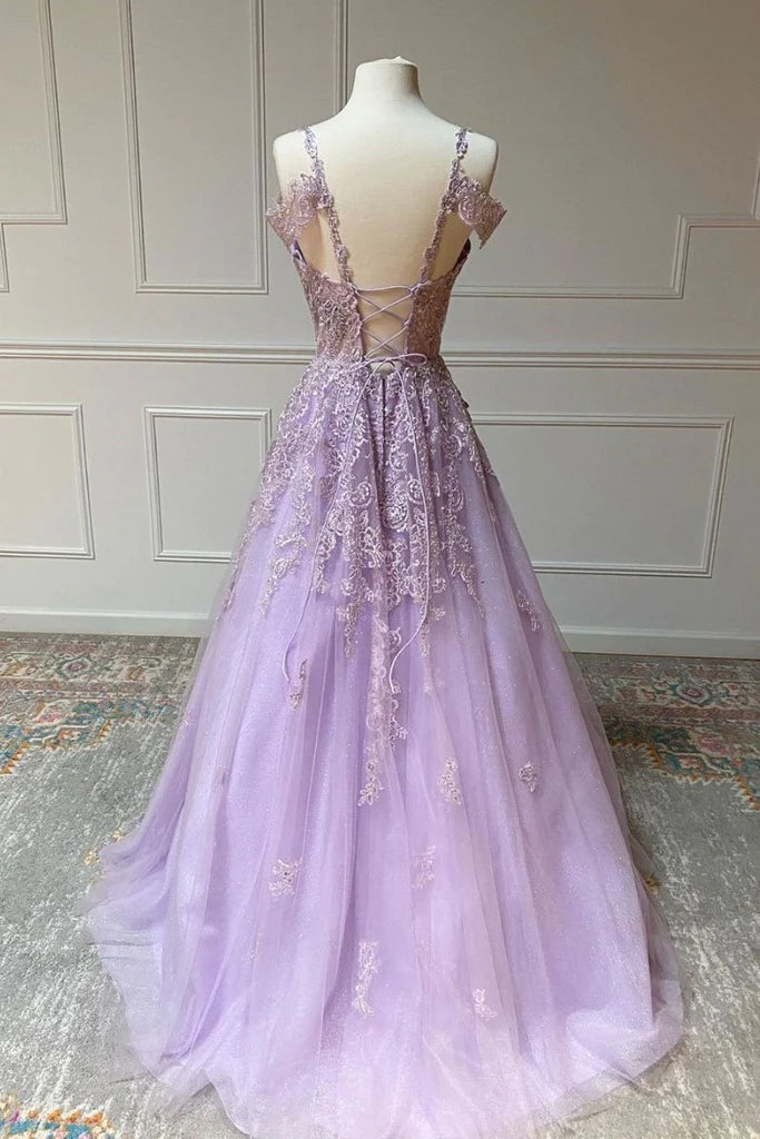 Hot 2024 Violet Purple Prom Dresses Tulle Lace Appliques A-Line Formal Dress MyChicDress