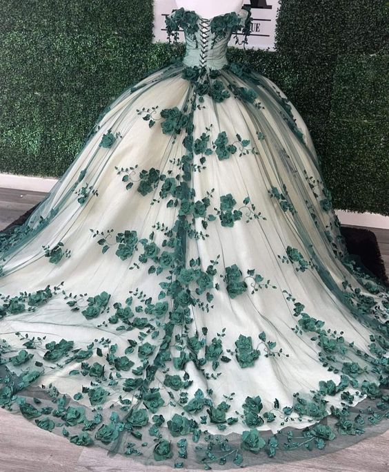 Hot 2025 Green Quicneanera Dress 3D Flowers Off The Shoulder Sweet 16 Party Dresses MyChicDress