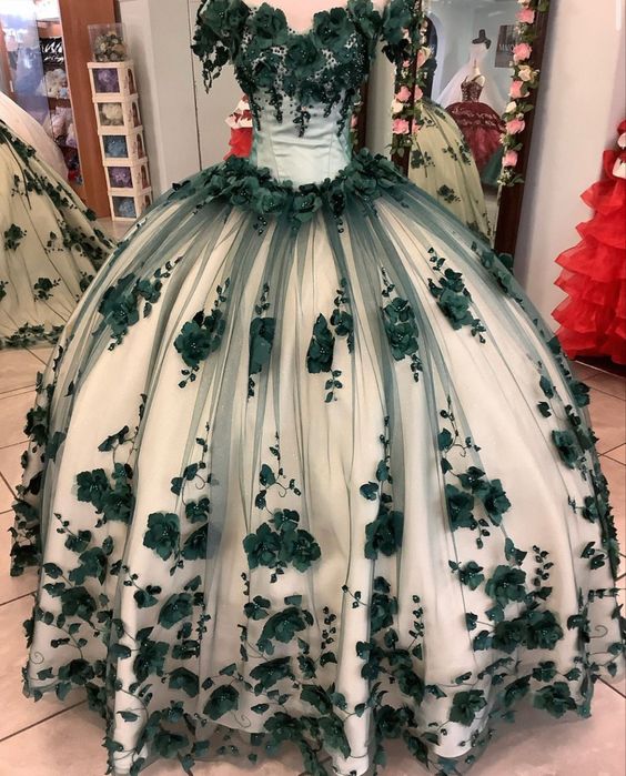 Hot 2025 Green Quicneanera Dress 3D Flowers Off The Shoulder Sweet 16 Party Dresses MyChicDress