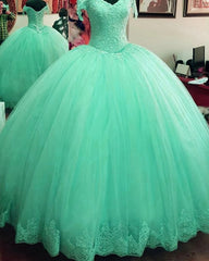 Hot Ball Gown Lace Quinceanera Dresses Tulle Appliques Off Shoulder Party Dress MyChicDress