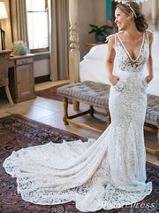 Hot Beach Wedding Dresses Lace Boho Mermaid Bridal Gowns Court Train MyChicDress