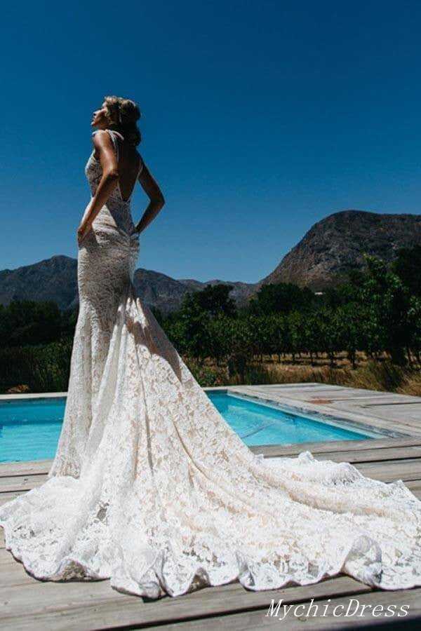 Hot Beach Wedding Dresses Lace Boho Mermaid Bridal Gowns Court Train MyChicDress