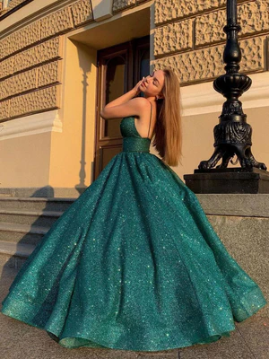 Hot Green Sequin Prom Dresses A Line Long Evening Gormal Gowns MyChicDress