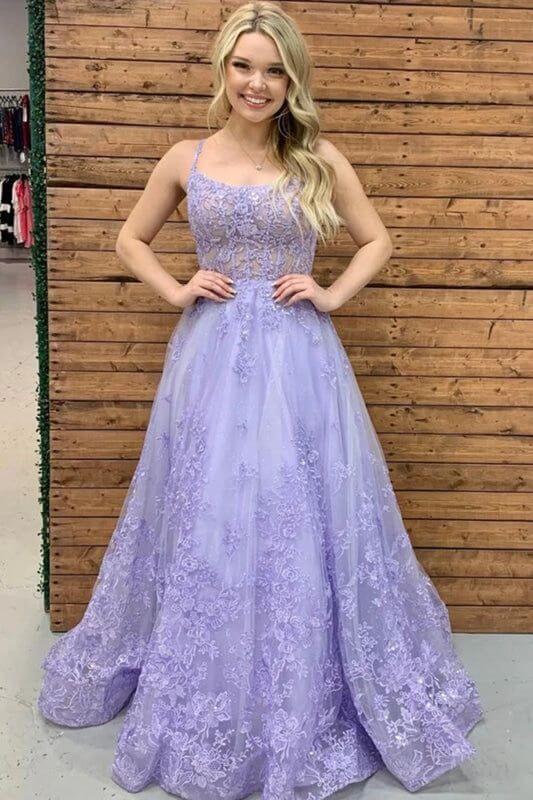 Hot Lace Long Violet Prom Dresses Floral Lavender Formal Dresses 3D Flowers MyChicDress