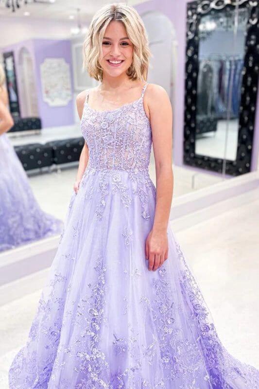 Hot Lace Long Violet Prom Dresses 2024 Floral Lavender Formal Dresses 3D Flowers MyChicDress