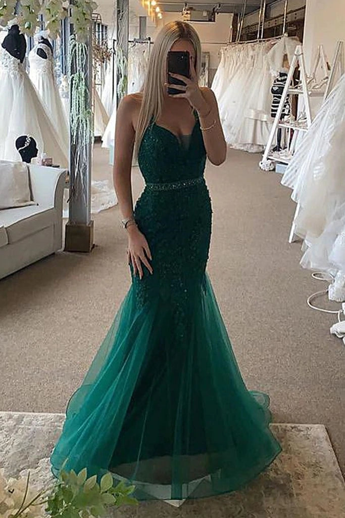 Hot Mermaid 2024 Dark Green Lace Prom Dresses UK Long Evening Gown MyChicDress