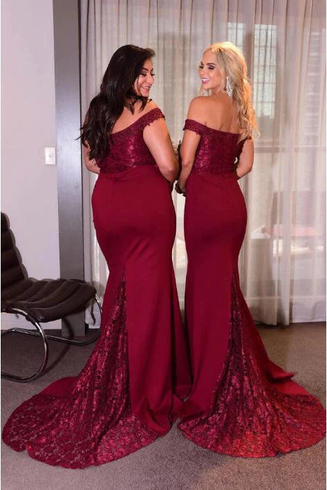 Hot Mermaid Burgundy Lace Bridesmaid Dresses Long Off Shoulder MyChicDress