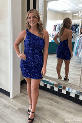 Hot One Shoulder Sparkly Homecoming Dress 2025 Sequin Tight Cocktail Dress MyChicDress