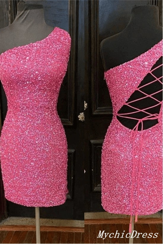 Hot One Shoulder Sparkly Homecoming Dress 2025 Sequin Tight Cocktail Dress MyChicDress