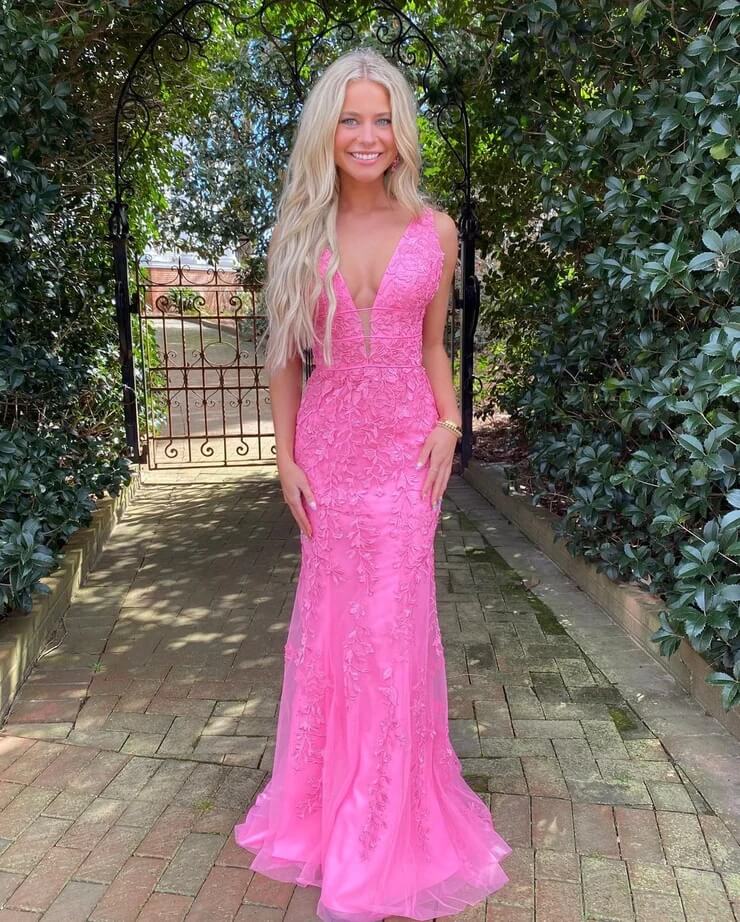 Hot Pink Lace Long Prom Dresses Mermaid V Neck Sexy Evening Dress UK MyChicDress