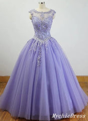 Hot Purple Lace Tulle Quinceanera Dresses Sequin Long Formal Prom Dresses MyChicDress