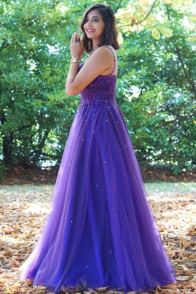 Hot Purple Pearls Tulle Prom Dresses Cheap Long A Line Evening Gowns MyChicDress