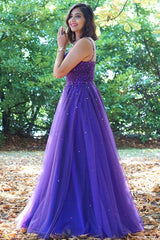 Hot Purple Pearls Tulle Prom Dresses Cheap Long A Line Evening Gowns MyChicDress