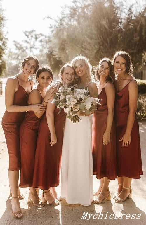 Hot Rust Simple Satin Bridesmaid Dresses Short Spaghetti Straps MyChicDress