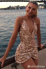 Hot Short Gold Homecoming Dress Sequin Deep V Neck Cocktail Dress MyChicDress