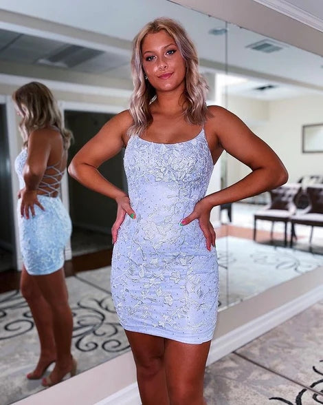 Hot Short Lace Blue Homecoming Dresses Tight Spaghetti Straps Cross Back MyChicDress