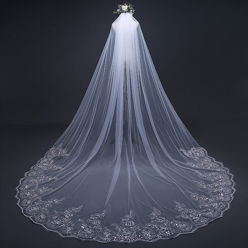 Hot Tulle Lace Applique Edge Cheap Wedding Veil with Sequined 3MX3M MyChicDress